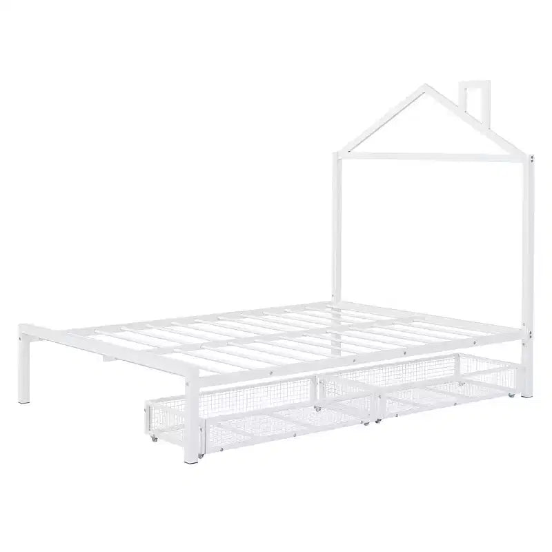 Bellemave Full Bed for Kids, Metal Full Bed with Drawer for Boys, girs, Full Bed Frame with House-Shaped Headboard, Full Size House Bed, White