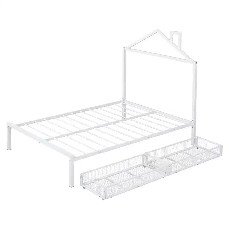 Bellemave Full Bed for Kids, Metal Full Bed with Drawer for Boys, girs, Full Bed Frame with House-Shaped Headboard, Full Size House Bed, White