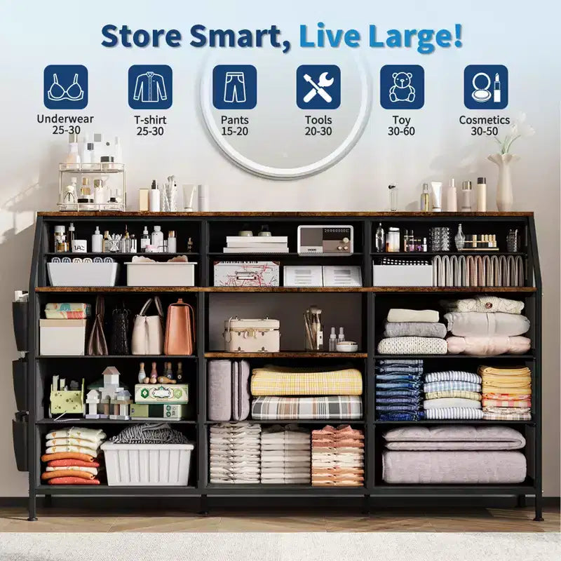 Black/White Dresser for Bedroom, 55 Wide Modern Dresser TV Stand 14 Fabric Drawer Organizer, Large Clothing Storage Cabinet for Hallway, Living Room
