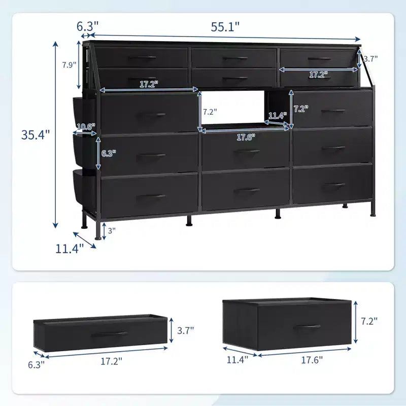 Black/White Dresser for Bedroom, 55 Wide Modern Dresser TV Stand 14 Fabric Drawer Organizer, Large Clothing Storage Cabinet for Hallway, Living Room