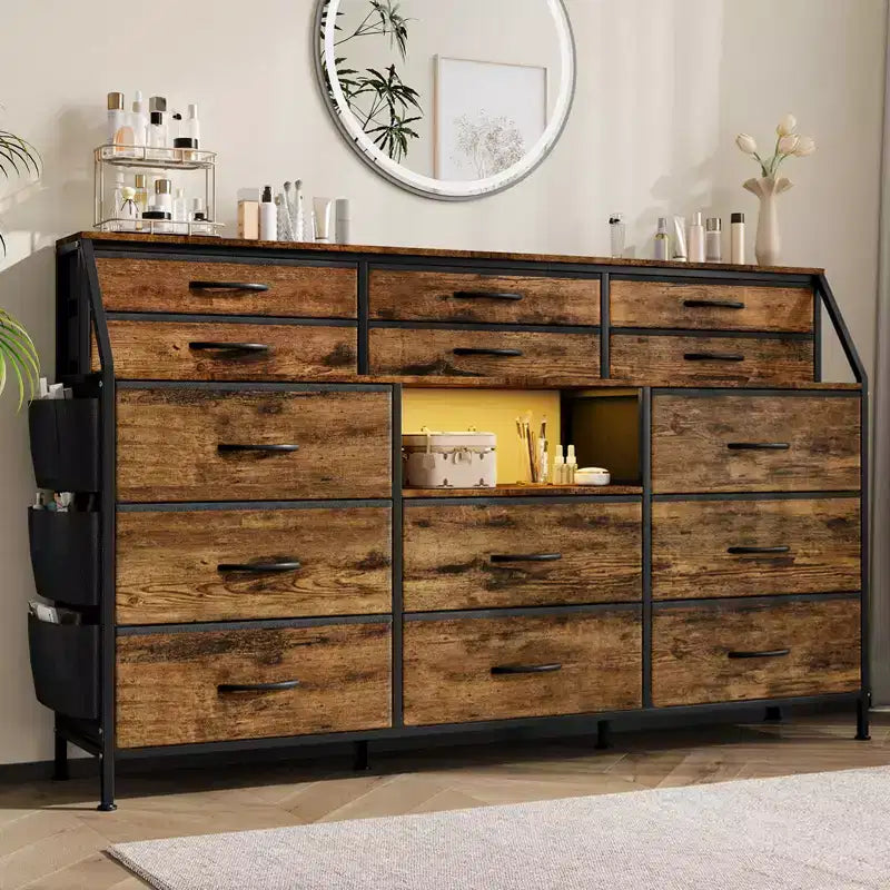 Black/White Dresser for Bedroom, 55 Wide Modern Dresser TV Stand 14 Fabric Drawer Organizer, Large Clothing Storage Cabinet for Hallway, Living Room