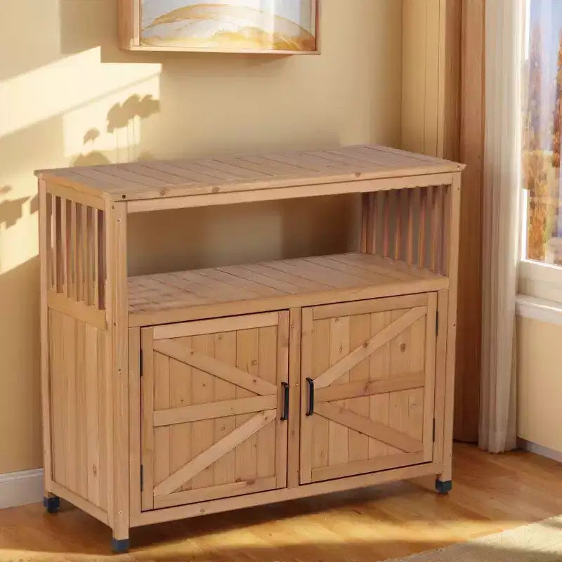 Okak Storage Cabinet with Potting Bench, Kitchen Cabinet with 2 Doors and 2 Shelves, Short Cabinet for Living Room, Dining Room, Kitchen