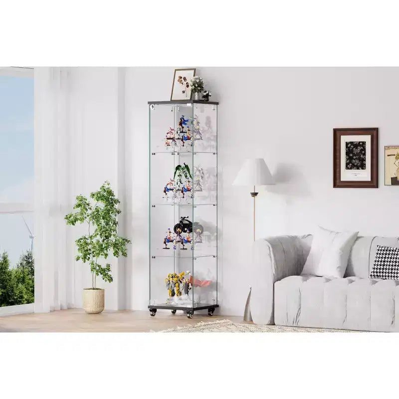 Okak Display Cabinet, 4 Tier Storage Cabinet with 1 Doors and Wheels, Freestanding Cabinet for Living Room, Hallway and Office