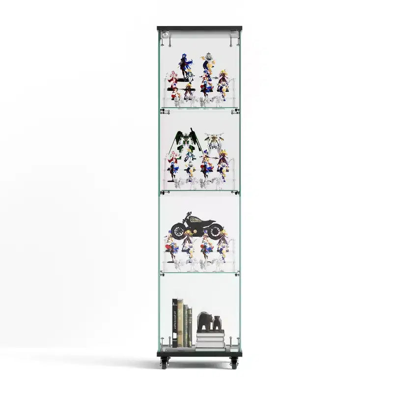 Okak Display Cabinet, 4 Tier Storage Cabinet with 1 Doors and Wheels, Freestanding Cabinet for Living Room, Hallway and Office