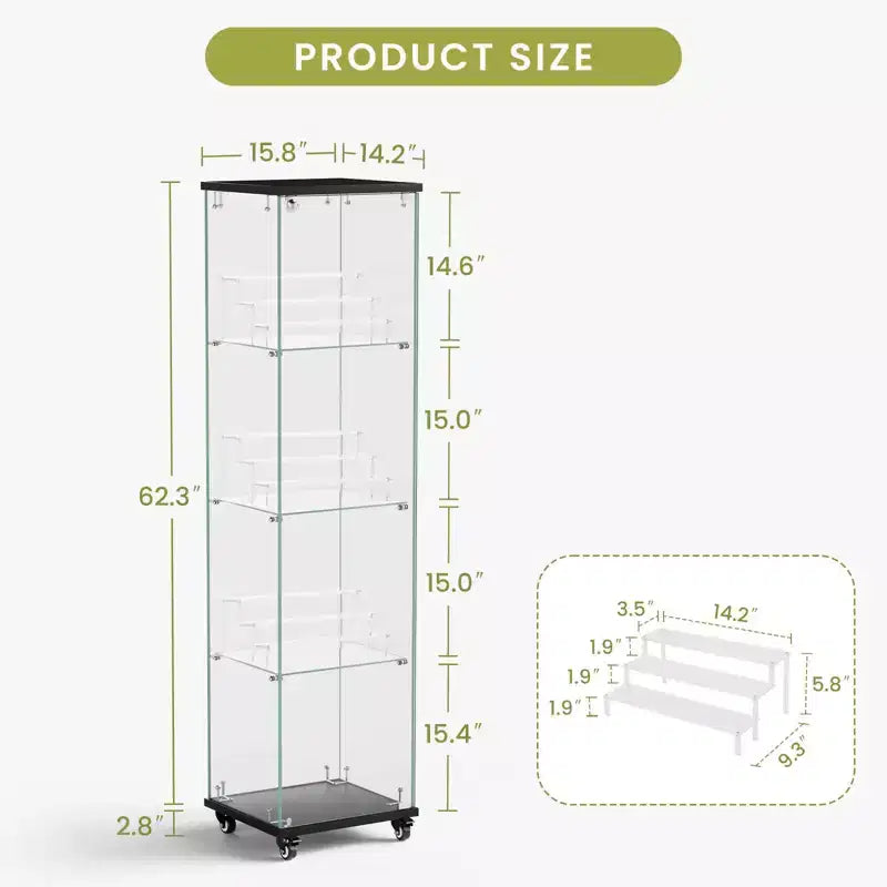 Okak Display Cabinet, 4 Tier Storage Cabinet with 1 Doors and Wheels, Freestanding Cabinet for Living Room, Hallway and Office