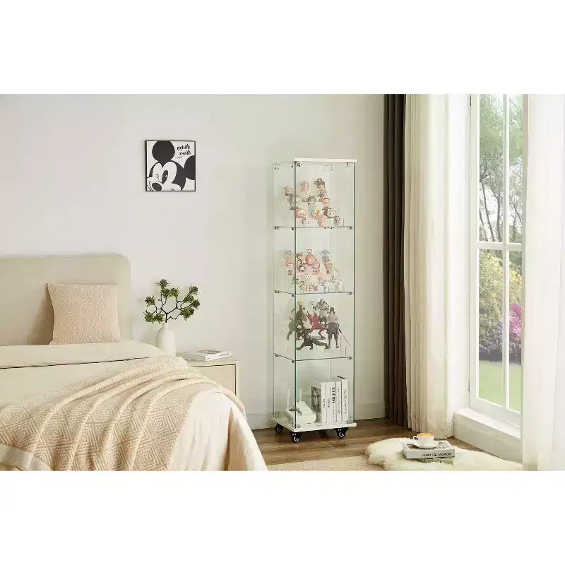 Okak Display Cabinet, 4 Tier Storage Cabinet with 1 Doors and Wheels, Freestanding Cabinet for Living Room, Hallway and Office