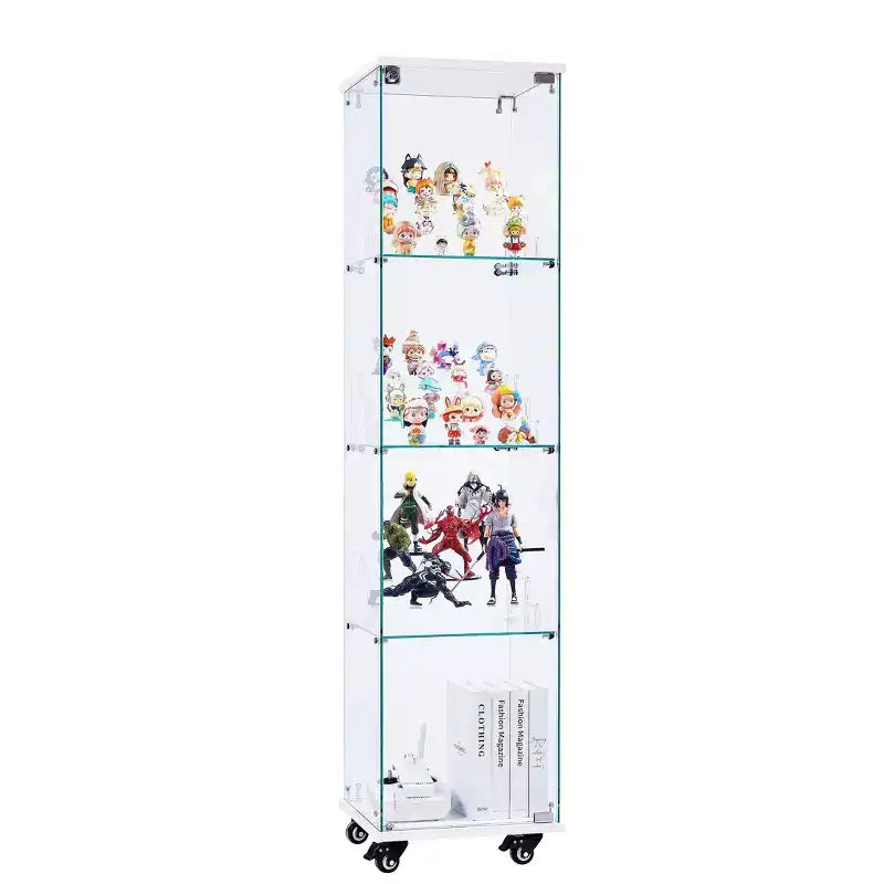 Okak Display Cabinet, 4 Tier Storage Cabinet with 1 Doors and Wheels, Freestanding Cabinet for Living Room, Hallway and Office