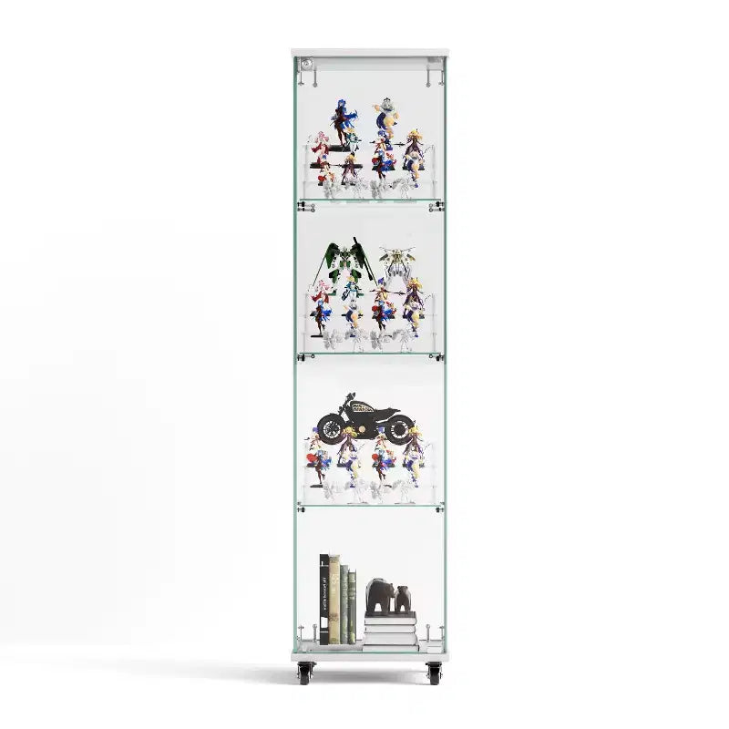 Okak Display Cabinet, 4 Tier Storage Cabinet with 1 Doors and Wheels, Freestanding Cabinet for Living Room, Hallway and Office