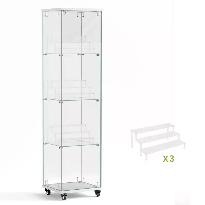 Okak Display Cabinet, 4 Tier Storage Cabinet with 1 Doors and Wheels, Freestanding Cabinet for Living Room, Hallway and Office