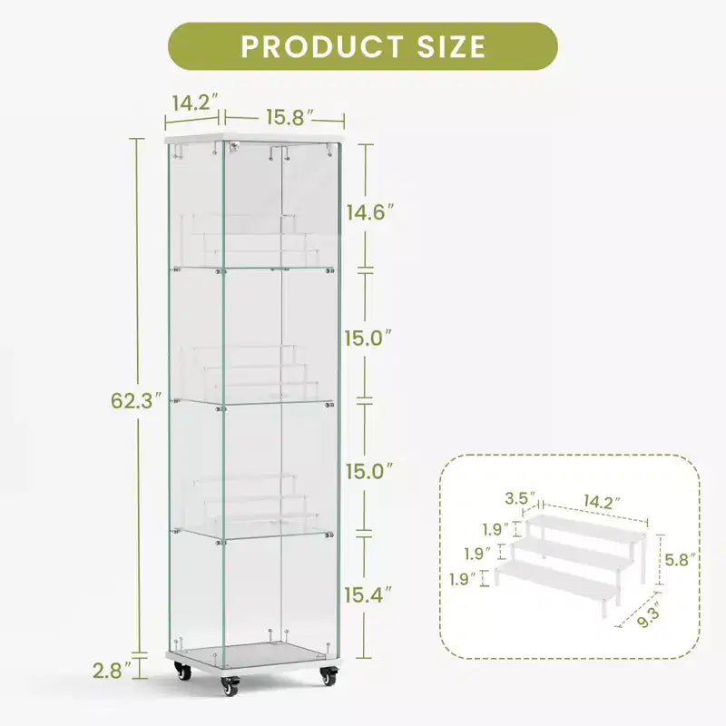 Okak Display Cabinet, 4 Tier Storage Cabinet with 1 Doors and Wheels, Freestanding Cabinet for Living Room, Hallway and Office