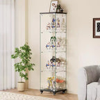 Okak Display Cabinet, 4 Tier Storage Cabinet with 1 Doors and Wheels, Freestanding Cabinet for Living Room, Hallway and Office
