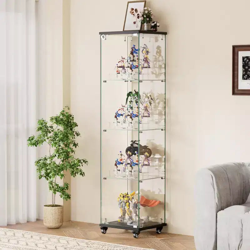 Okak Display Cabinet, 4 Tier Storage Cabinet with 1 Doors and Wheels, Freestanding Cabinet for Living Room, Hallway and Office
