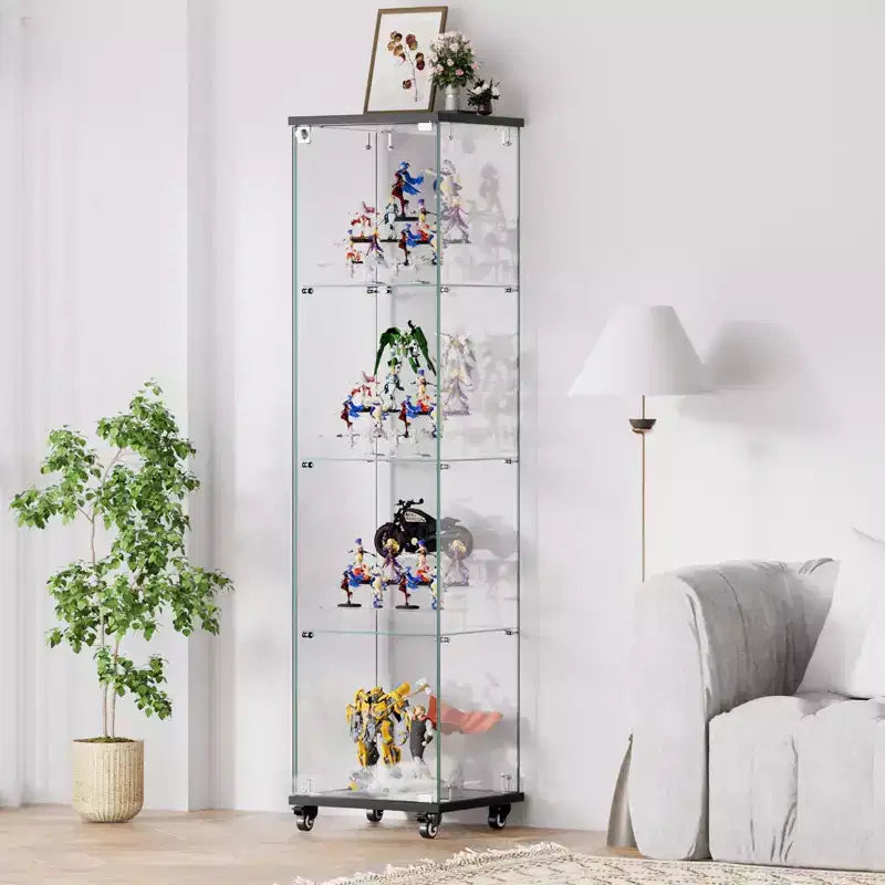 Okak Display Cabinet, 4 Tier Storage Cabinet with 1 Doors and Wheels, Freestanding Cabinet for Living Room, Hallway and Office