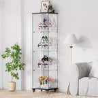 Okak Display Cabinet, 4 Tier Storage Cabinet with 1 Doors and Wheels, Freestanding Cabinet for Living Room, Hallway and Office