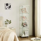 Okak Display Cabinet, 4 Tier Storage Cabinet with 1 Doors and Wheels, Freestanding Cabinet for Living Room, Hallway and Office