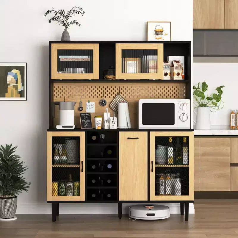 Okak Wooden Sideboard Cabinet, Bufft Cabinet with 4 Doors and 2 Drawers, Storage Cabinet for Living Room, Dining Room, Kitchen