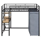Loft Bed with Wardrobe Under The Bed and Curtain, Metal Bed Frame with Desk Shelves Power Outlet and LED Light