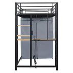 Loft Bed with Wardrobe Under The Bed and Curtain, Metal Bed Frame with Desk Shelves Power Outlet and LED Light