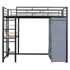 Loft Bed with Wardrobe Under The Bed and Curtain, Metal Bed Frame with Desk Shelves Power Outlet and LED Light