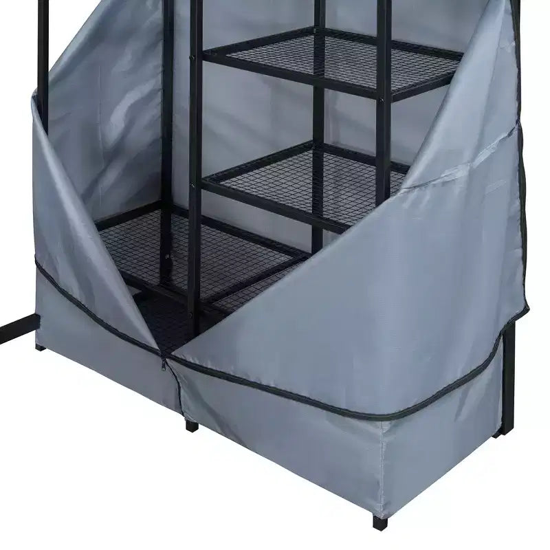 Loft Bed with Wardrobe Under The Bed and Curtain, Metal Bed Frame with Desk Shelves Power Outlet and LED Light