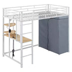 Loft Bed with Wardrobe Under The Bed and Curtain, Metal Bed Frame with Desk Shelves Power Outlet and LED Light