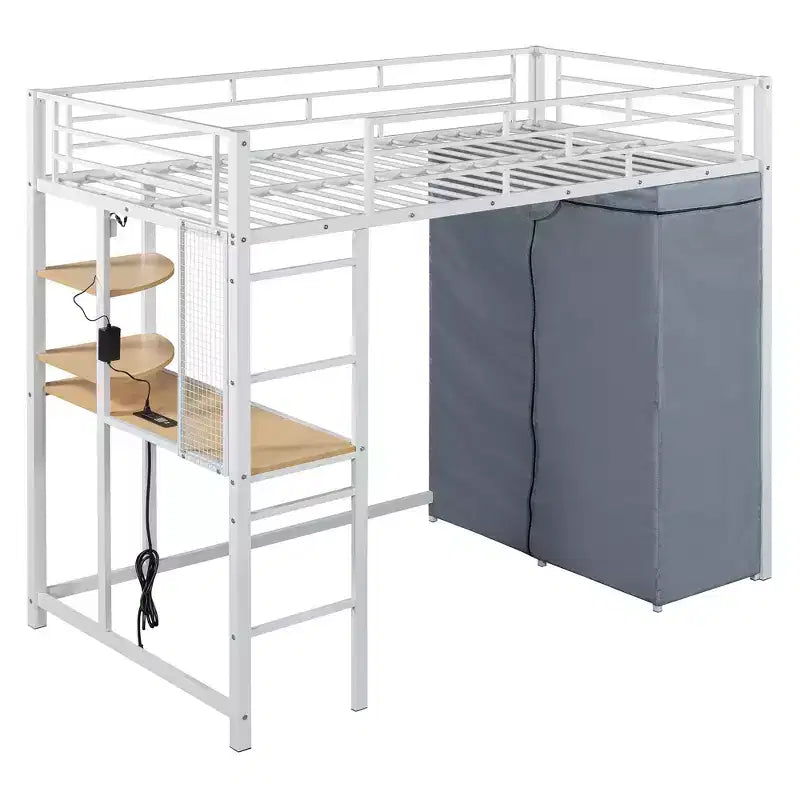 Loft Bed with Wardrobe Under The Bed and Curtain, Metal Bed Frame with Desk Shelves Power Outlet and LED Light