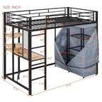 Loft Bed with Wardrobe Under The Bed and Curtain, Metal Bed Frame with Desk Shelves Power Outlet and LED Light
