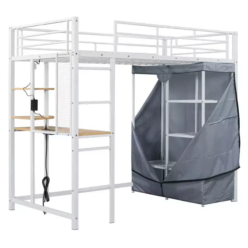 Loft Bed with Wardrobe Under The Bed and Curtain, Metal Bed Frame with Desk Shelves Power Outlet and LED Light