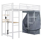 Loft Bed with Wardrobe Under The Bed and Curtain, Metal Bed Frame with Desk Shelves Power Outlet and LED Light
