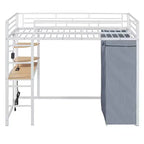 Loft Bed with Wardrobe Under The Bed and Curtain, Metal Bed Frame with Desk Shelves Power Outlet and LED Light