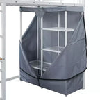 Loft Bed with Wardrobe Under The Bed and Curtain, Metal Bed Frame with Desk Shelves Power Outlet and LED Light