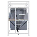 Loft Bed with Wardrobe Under The Bed and Curtain, Metal Bed Frame with Desk Shelves Power Outlet and LED Light