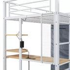 Loft Bed with Wardrobe Under The Bed and Curtain, Metal Bed Frame with Desk Shelves Power Outlet and LED Light