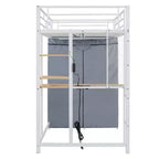 Loft Bed with Wardrobe Under The Bed and Curtain, Metal Bed Frame with Desk Shelves Power Outlet and LED Light