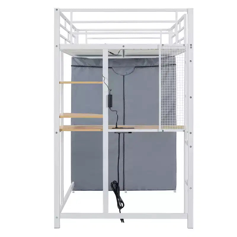 Loft Bed with Wardrobe Under The Bed and Curtain, Metal Bed Frame with Desk Shelves Power Outlet and LED Light