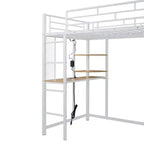 Loft Bed with Wardrobe Under The Bed and Curtain, Metal Bed Frame with Desk Shelves Power Outlet and LED Light