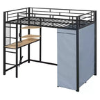 Loft Bed with Wardrobe Under The Bed and Curtain, Metal Bed Frame with Desk Shelves Power Outlet and LED Light