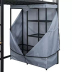 Loft Bed with Wardrobe Under The Bed and Curtain, Metal Bed Frame with Desk Shelves Power Outlet and LED Light