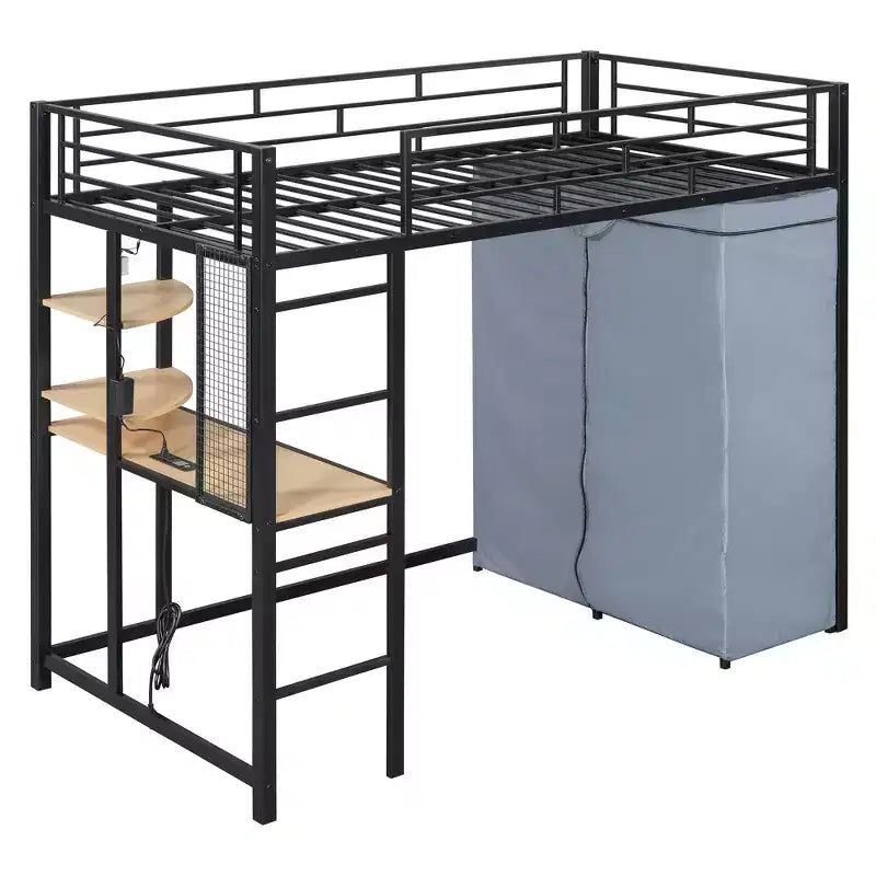 Loft Bed with Wardrobe Under The Bed and Curtain, Metal Bed Frame with Desk Shelves Power Outlet and LED Light
