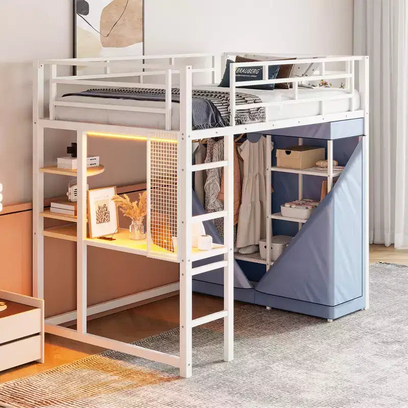 Loft Bed with Wardrobe Under The Bed and Curtain, Metal Bed Frame with Desk Shelves Power Outlet and LED Light