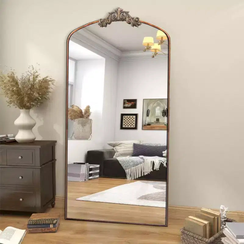 Okak 66*36/43*24in Vintage Carving Metal Frame Full Length Mirror, Oversized Floor Mirror, Arched Mirror for Colthing Shop, Dressing Room