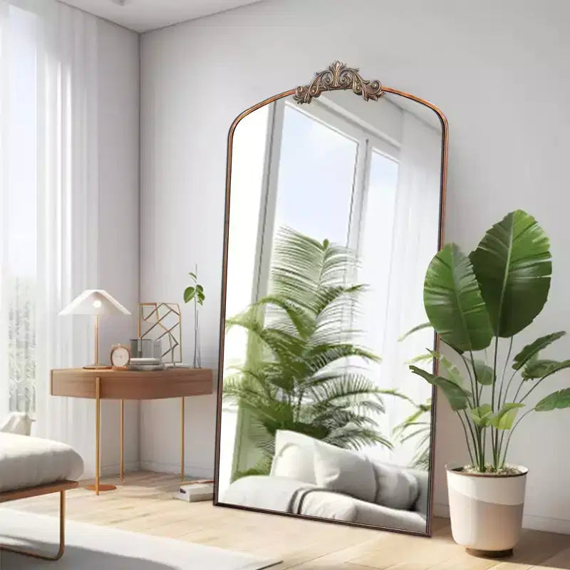 Okak 66*36/43*24in Vintage Carving Metal Frame Full Length Mirror, Oversized Floor Mirror, Arched Mirror for Colthing Shop, Dressing Room