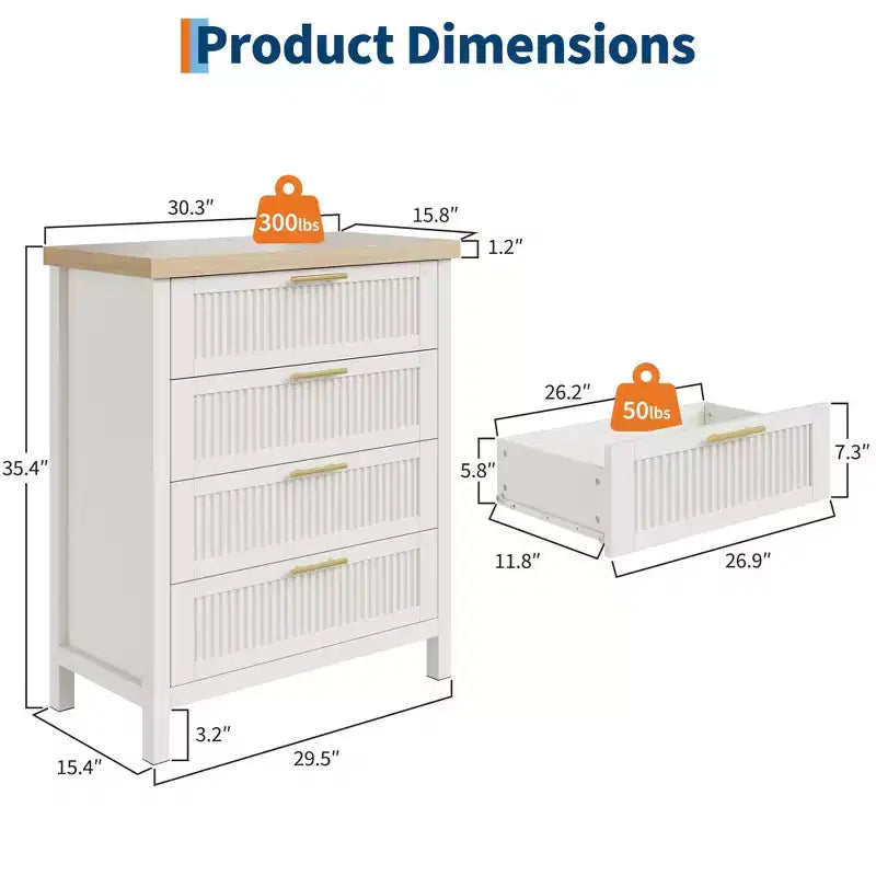 GustoWave 35.4 Tall Dresser for Bedroom,with 4 Fluted Dressers Chest with Clothes Storage Cabinet,Drawer Organizer for Bedroom,Living Room