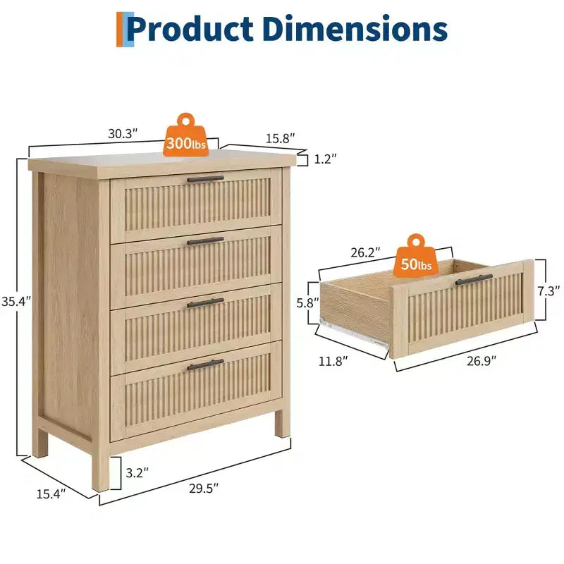 GustoWave 35.4 Tall Dresser for Bedroom,with 4 Fluted Dressers Chest with Clothes Storage Cabinet,Drawer Organizer for Bedroom,Living Room