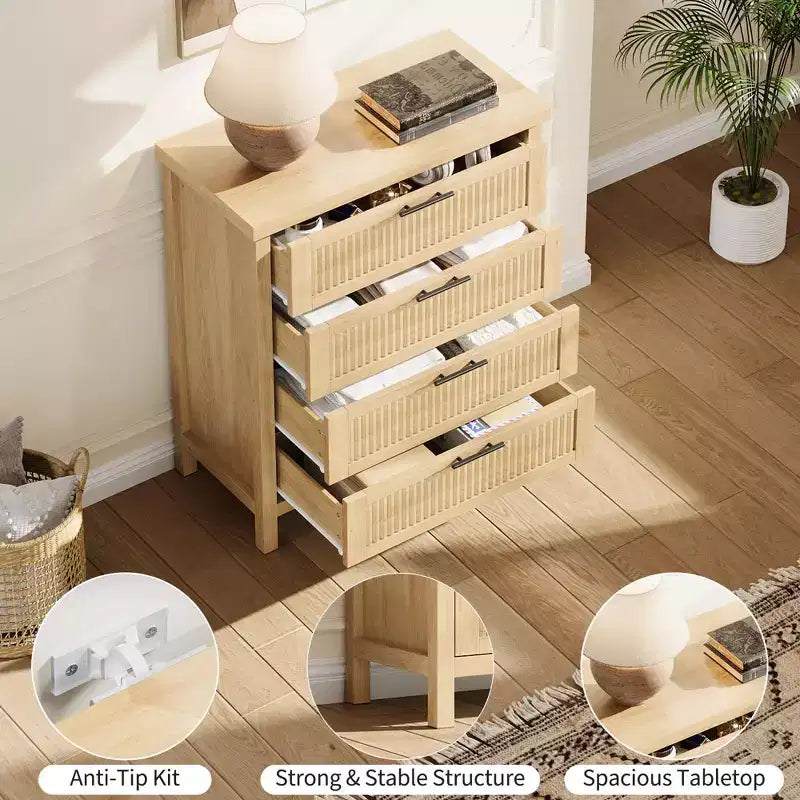GustoWave 35.4 Tall Dresser for Bedroom,with 4 Fluted Dressers Chest with Clothes Storage Cabinet,Drawer Organizer for Bedroom,Living Room