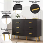 Wooden Chest of Drawers, Modern 6 Drawer Storage Cabinet with Gold Handles and Sturdy Metal Legs, Bedroom Drawer Organizer for Living Room, Hallway