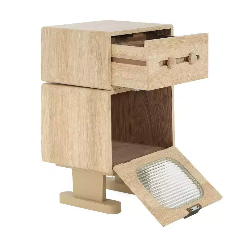 Creative Swivel Robot Nightstands Storage Side Table, Natural Finish