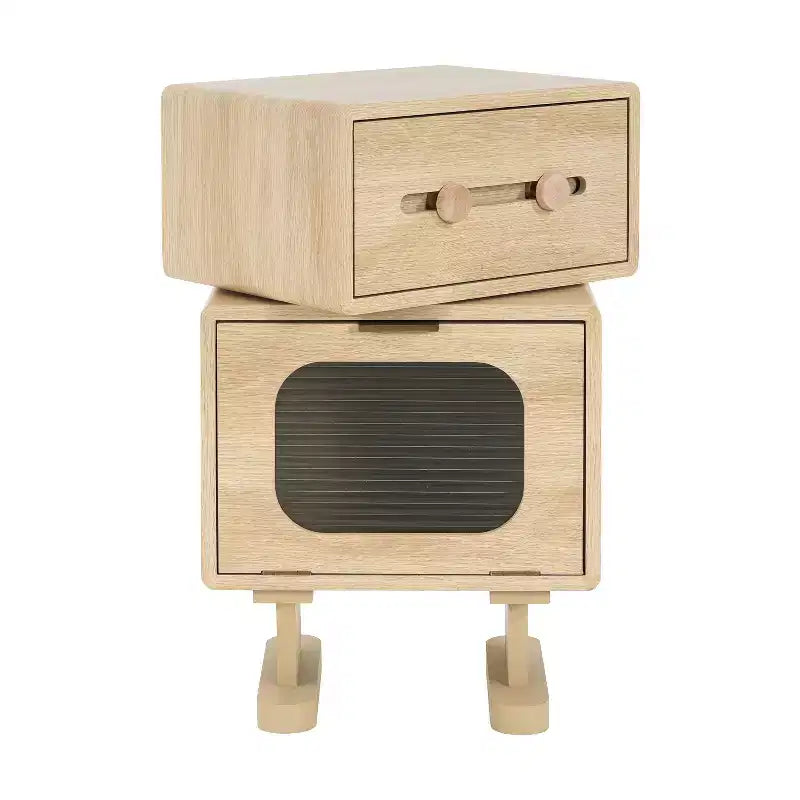Creative Swivel Robot Nightstands Storage Side Table, Natural Finish