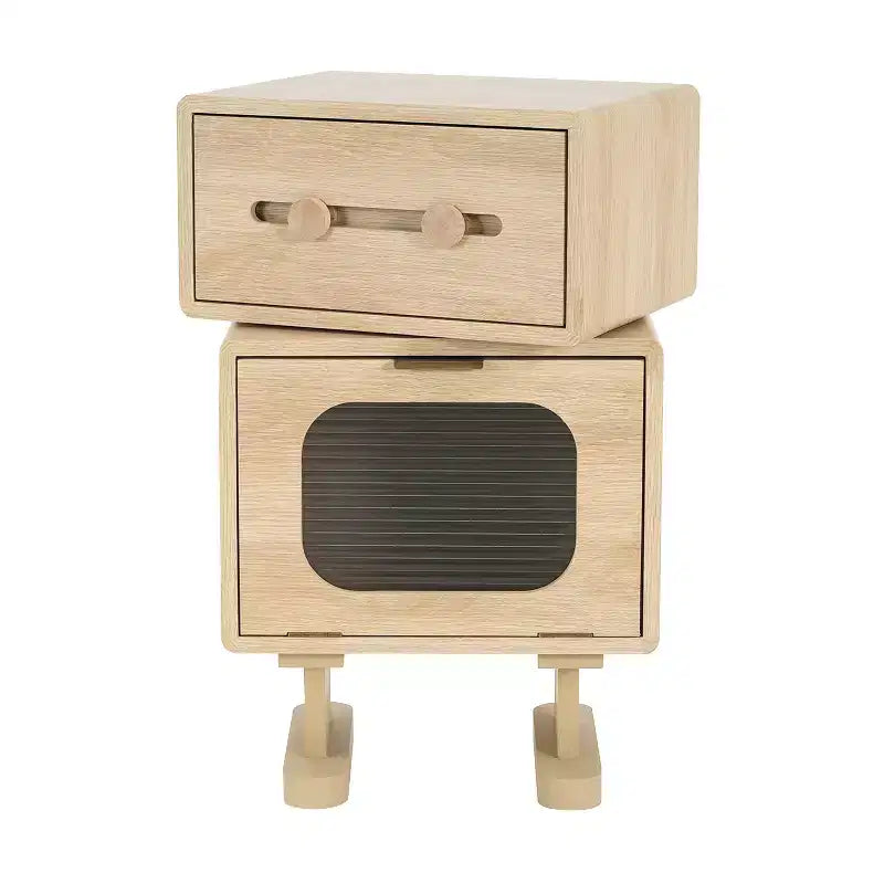 Creative Swivel Robot Nightstands Storage Side Table, Natural Finish
