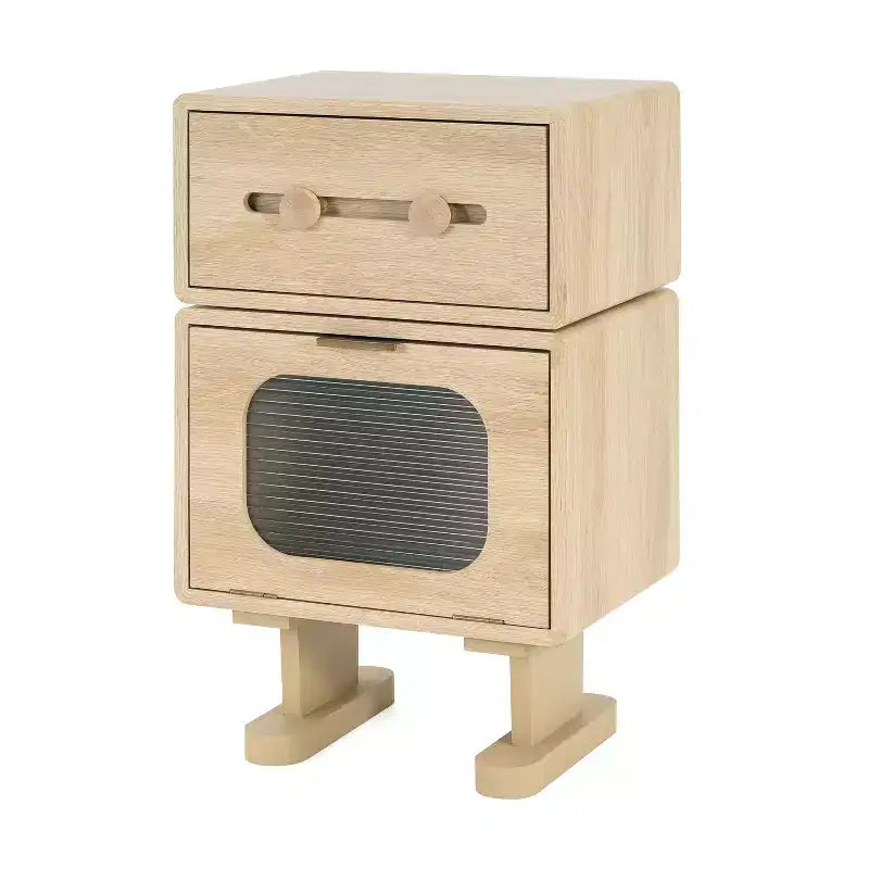 Creative Swivel Robot Nightstands Storage Side Table, Natural Finish